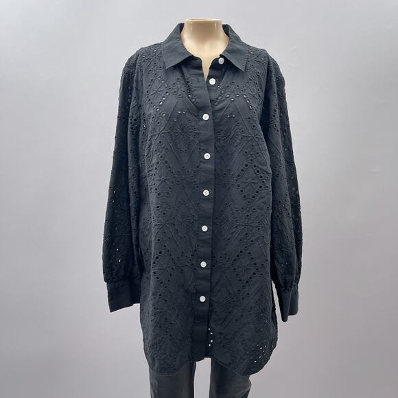 Talbots Top Women 1X Black Eyelet Lace Embroidered Long Sleeve Button Up - Picture 1 of 10